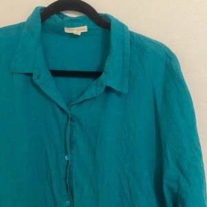 Eileen Fisher teal linen blouse